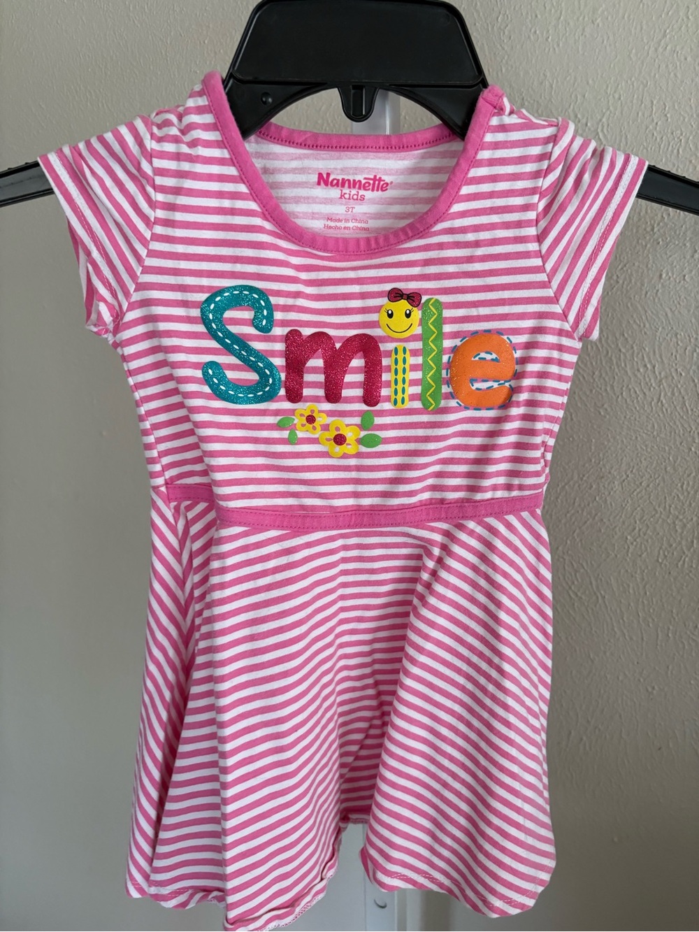 Nannette Pink & White Striped "Smile" Applique Dress Size 3T
